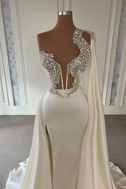 Gorgeous White A-line One Shoulder Graduation Dresses Long Glitter Prom Dresses With Split Online Gorgeous White A-line One Shoulder Graduation Dresses Long Glitter Prom Dresses With Split Online