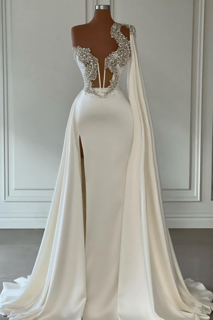 Gorgeous White A-Line One Shoulder Graduation Dresses Long Glitter Prom Dresses with Split Online Gorgeous White A-Line One Shoulder Graduation Dresses Long Glitter Prom Dresses with Split Online