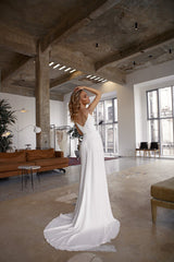 Gorgeous White Spaghetti-Starps Beadings Prom Dress Long Slit-Ballbella