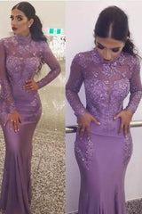Gorgeous Wholesale High Neck Elegant Long Sleevess Evening Dresses Fit and Flare Appliques Prom Dresses-Ballbella