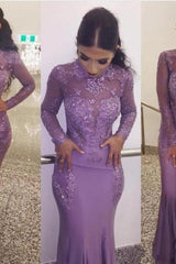 Gorgeous Wholesale High Neck Elegant Long Sleevess Evening Dresses Fit and Flare Appliques Prom Dresses-Ballbella