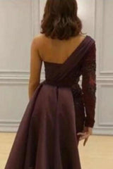 Graceful Asymmetric Splicing One Shoulder Appliques Spandex Satin Party Dresses Floor Length Open Back Evening Gowns With Waist Band-Ballbella
