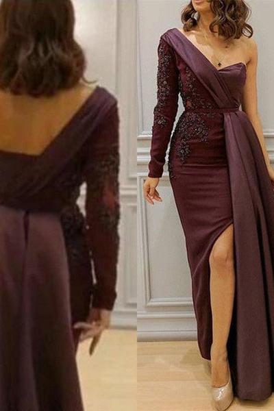 Graceful Asymmetric Splicing One Shoulder Appliques Spandex Satin Party Dresses Floor Length Open Back Evening Gowns with Waist Band Graceful Asymmetric Splicing One Shoulder Appliques Spandex Satin Party Dresses Floor Length Open Back Evening Gowns with Waist Band