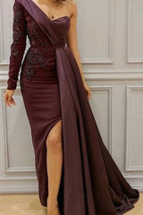 Graceful Asymmetric Splicing One Shoulder Appliques Spandex Satin Party Dresses Floor Length Open Back Evening Gowns With Waist Band-Ballbella