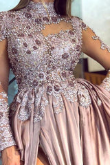 Graceful High Neck Lace Appliques Prom Dresses With Split See Through Evening Gowns-Ballbella