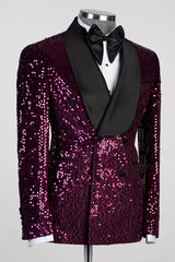 Grape Sequin Shawl Lapel Double-Breasted Prom Suit-Ballbella