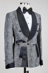 Gray Double Breasted Jacquard Wedding Men Suits with Black Lapel-Ballbella