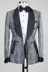Gray Double Breasted Jacquard Wedding Men Suits with Black Lapel-Ballbella