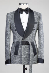 Gray Double Breasted Jacquard Wedding Men Suits with Black Lapel-Ballbella