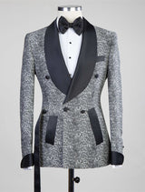Gray Double Breasted Jacquard Wedding Men Suits with Black Lapel-Ballbella