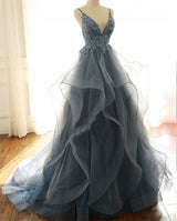 Gray Evening Dresses Tulle V-neck Ruffles Long Spaghetti Lace Beading Prom Party Gowns-Ballbella