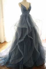 Gray Evening Dresses Tulle V-neck Ruffles Long Spaghetti Lace Beading Prom Party Gowns-Ballbella