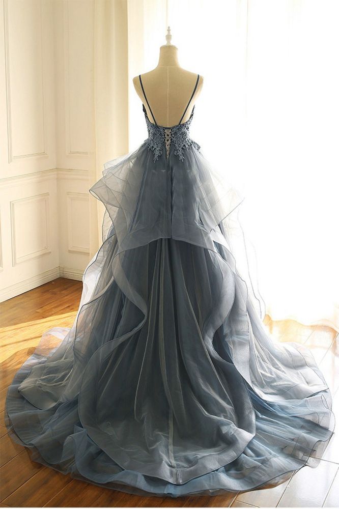 gray tulle prom dress Gray V Neck Tulle Long Prom Dress, Gray Tulle Evening Dress shopluu
