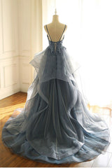 Gray Evening Dresses Tulle V-neck Ruffles Long Spaghetti Lace Beading Prom Party Gowns-Ballbella