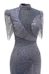 Gray Mermaid Sparkle Half Sleeves V-neck High neck Evening Dresses-Ballbella