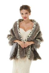 Gray Stripe Faux Fur Black and White Wedding Shawl For Bride-Ballbella