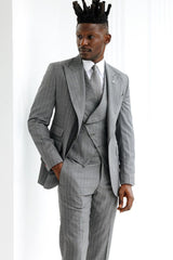 Gray Striped Peaked Lapel 3-Piece Prom Suit-Ballbella