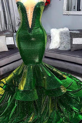 Green Gorgeous Ruffles Mermaid Prom Dresses Chic Sweetheart Appliques Long Evening Dresses-Ballbella
