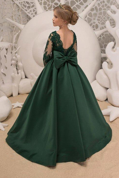Green Jewel Lace Backless Bowtie Long Sleeves Floor Length Girl Party Flower Girl Dresses-Ballbella