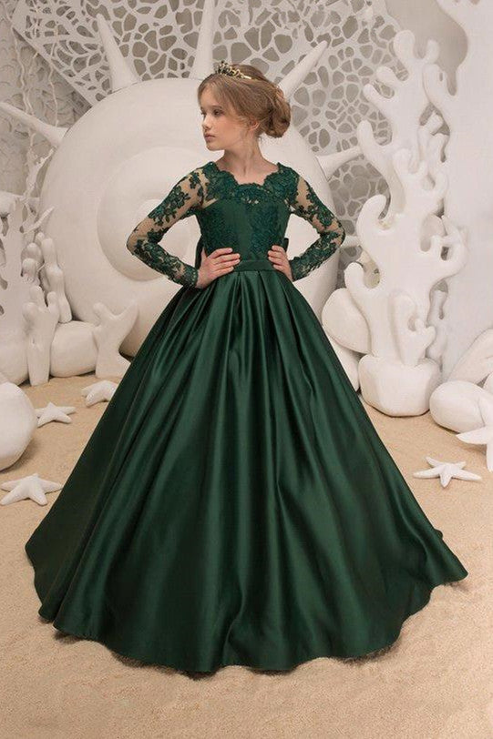 Green Jewel Lace Backless Bowtie Long Sleeves Floor Length Girl Party Flower Girl Dresses, 2 / Dark Green Green Jewel Lace Backless Bowtie Long Sleeves Floor Length Girl Party Flower Girl Dresses, 2 / Dark Green