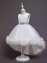 Green Jewel Neck Sleeveless Bows Tulle Cotton Sequined Kids Party Dresses-Ballbella