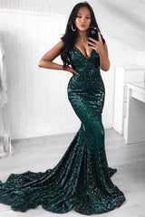 Green Sequins Prom Party Gowns| Mermaid Evening Party Dress-Ballbella