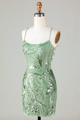 Green Sparkly Sheath Spaghetti Strap Homecoming Dress with Criss Cross Back-Ballbella