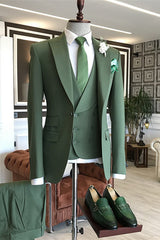 Green Three Piece Slim Fit Peaked Lapel Men's Suits-Ballbella