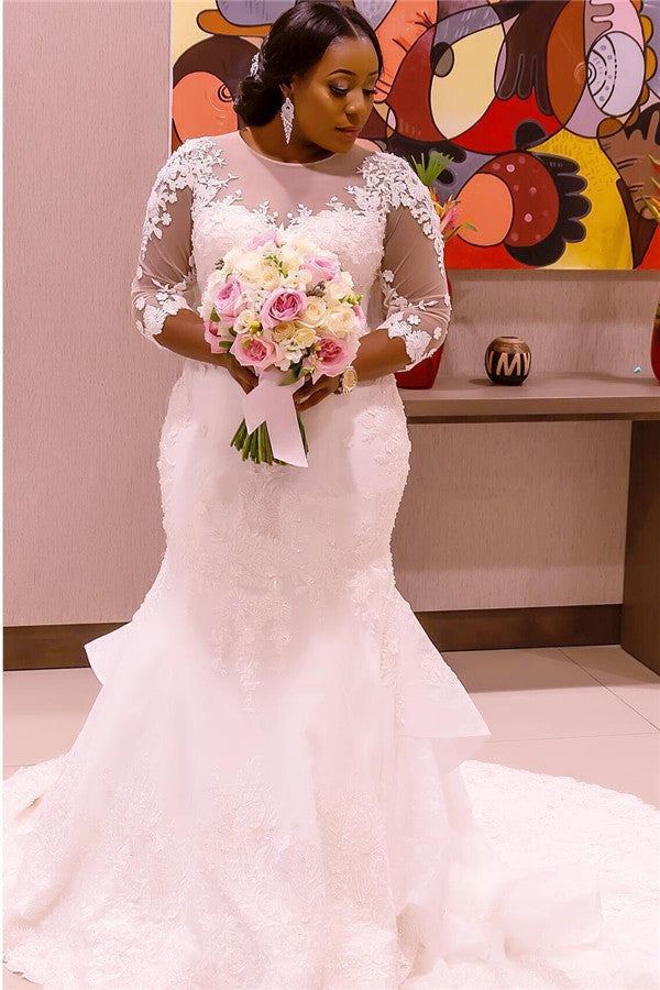half sleeve mermaid wedding dress Half Sleeve Scoop Mermaid Lace Appliques Sheer Tulle New Wedding Dresses