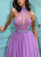 Halter Beading A-Line Tulle Homecoming Dresses With Open Back-Ballbella