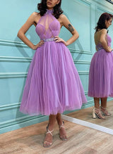 Halter Beading A-Line Tulle Homecoming Dresses With Open Back-Ballbella