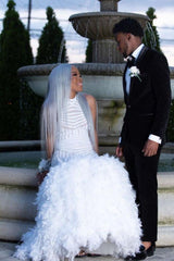 Halter Feather Fit and Flare Prom Dresses Alluring Open Back Sleeveless Evening Gowns-Ballbella