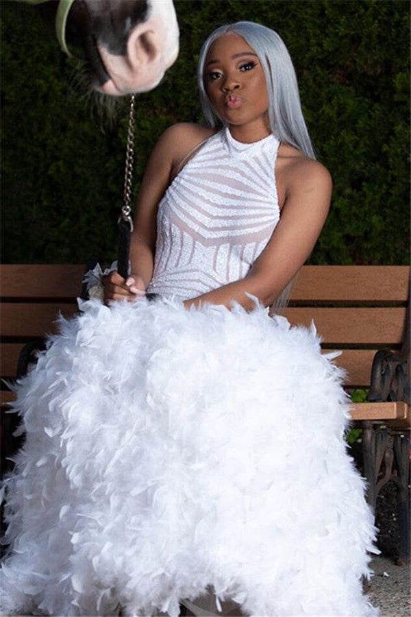 Halter Feather Fit and Flare Prom Dresses Alluring Open Back Sleeveless Evening Gowns Halter Feather Fit and Flare Prom Dresses Alluring Open Back Sleeveless Evening Gowns