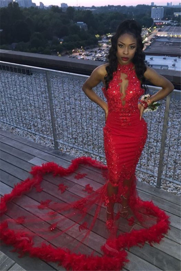 Halter Keyhole Neckline Illusion Train Fur Trim Appliques Mermaid Prom Ballbella Halter Keyhole Neckline Illusion Train Fur Trim Appliques Mermaid Prom Ballbella