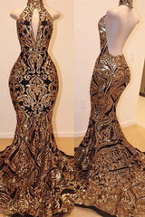 Halter Keyhole Neckline Sequins Appliques Mermaid Prom Dresses-Ballbella