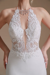 Halter Lace Applique Mermaid Wedding Dress | Ballbella Design-Ballbella