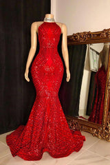 Halter Lace-up Sequins Floor Length Red Mermaid Prom Dresses-Ballbella