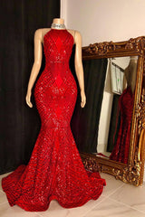 Halter Lace-up Sequins Floor Length Red Mermaid Prom Dresses-Ballbella