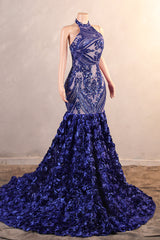 Halter Mermaid Sweep Train Backless Sleeveless Beading Evening Dress-Ballbella