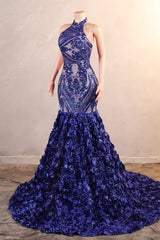 Halter Mermaid Sweep Train Backless Sleeveless Beading Evening Dress-Ballbella