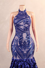 Halter Mermaid Sweep Train Backless Sleeveless Beading Evening Dress-Ballbella