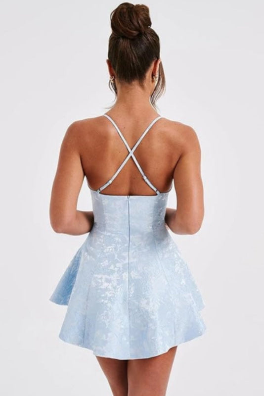 Halter Satin Mini Homecoming Dress Ruffle Floral Jacquard Short Party Dress for Girls Halter Satin Mini Homecoming Dress Ruffle Floral Jacquard Short Party Dress for Girls