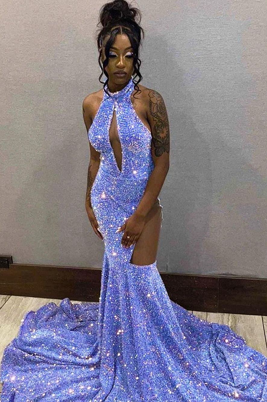 Halter Sequin Lavender Keyhole Mermaid Prom Dresses with Cutout Halter Sequin Lavender Keyhole Mermaid Prom Dresses with Cutout