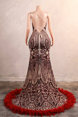 Halter Sequined Sparkle Burgundy Feathers Mermaid Prom Dresses-Ballbella