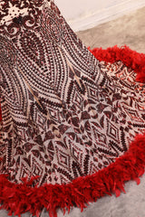 Halter Sequined Sparkle Burgundy Feathers Mermaid Prom Dresses-Ballbella
