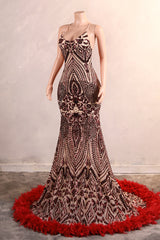 Halter Sequined Sparkle Burgundy Feathers Mermaid Prom Dresses-Ballbella