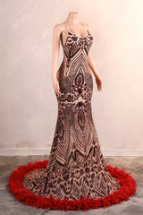 Halter Sequined Sparkle Burgundy Feathers Mermaid Prom Dresses-Ballbella