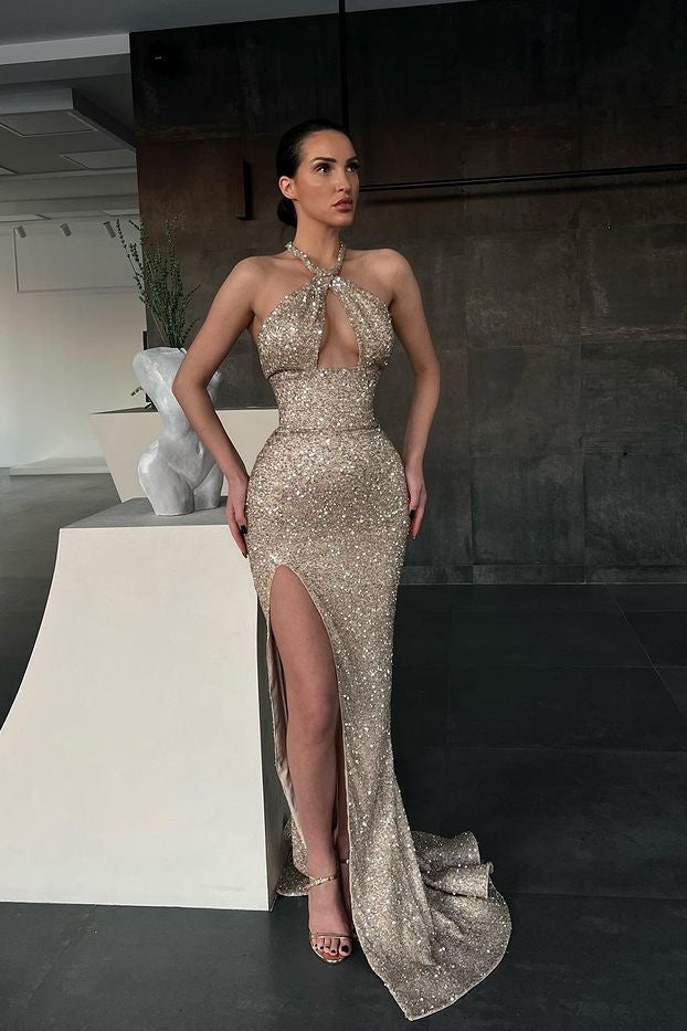 Halter Sequins Mermaid Prom Dress Sleeveless With Slit Halter Sequins Mermaid Prom Dress Sleeveless With Slit