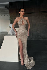 Halter Sequins Mermaid Prom Dress Sleeveless With Slit-Ballbella