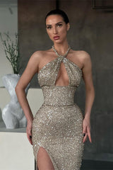 Halter Sequins Mermaid Prom Dress Sleeveless With Slit-Ballbella